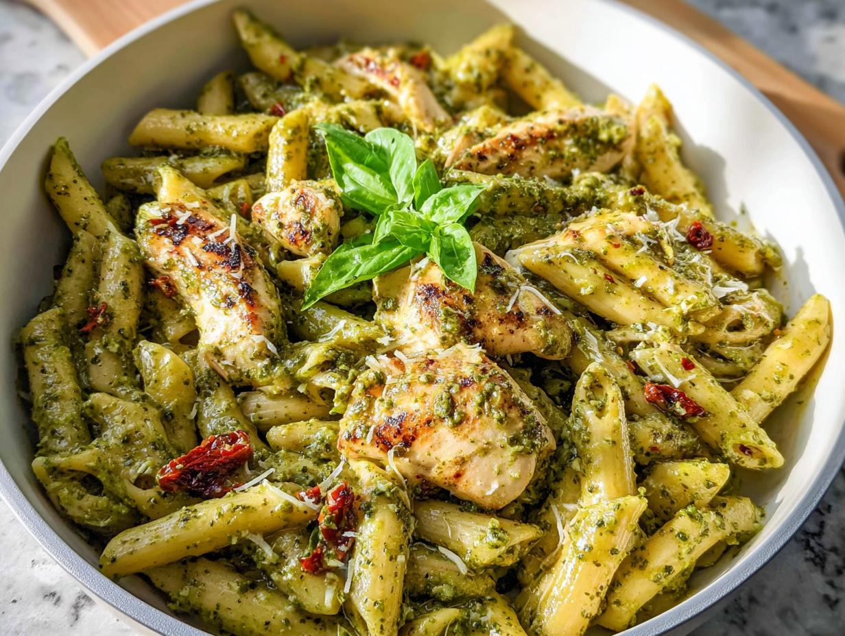 A close-up of a white bowl filled with Creamy Pesto Chicken Pasta, featuring grilled chicken pieces and penne coated in green pesto.