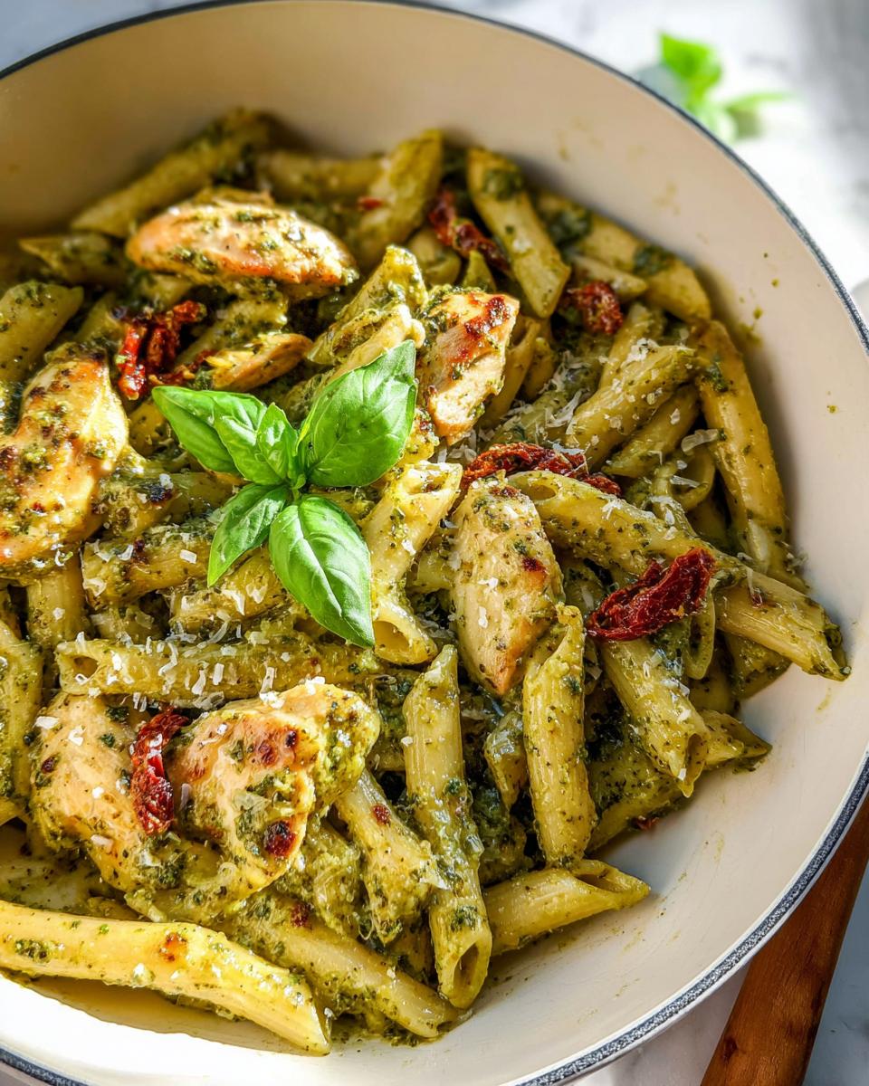 A close-up overhead shot of creamy pesto chicken pasta featuring penne, grilled chicken pieces, sun-dried tomatoes, and fresh basil.