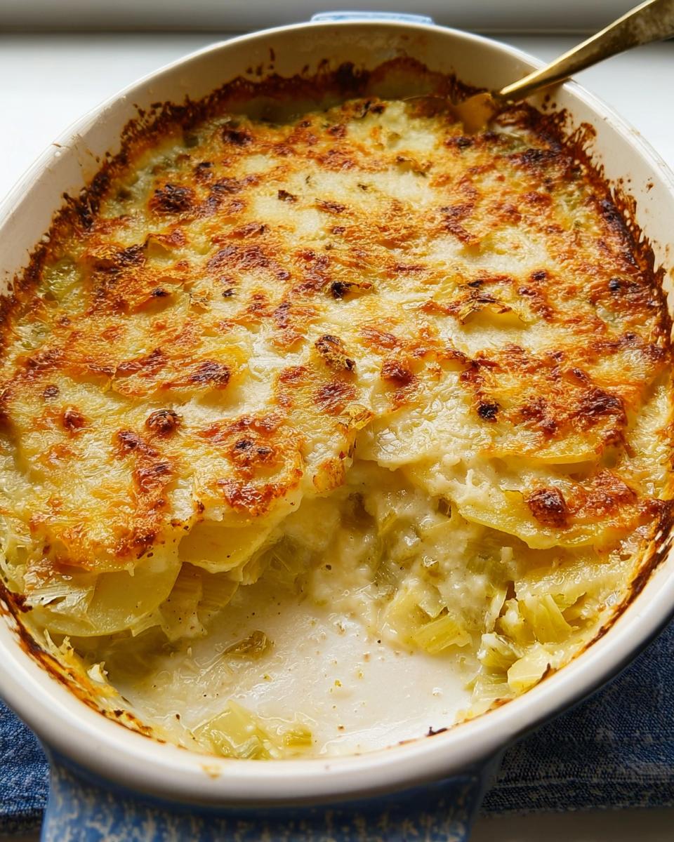 A scoop has been taken from the baked Creamy Potato Leek Gratin, showing layers of potatoes and creamy sauce.