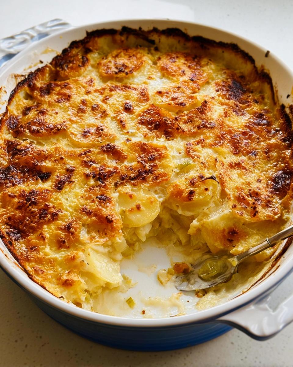 A freshly baked Creamy Potato Leek Gratin with a browned, cheesy top, served in a blue and white baking dish.