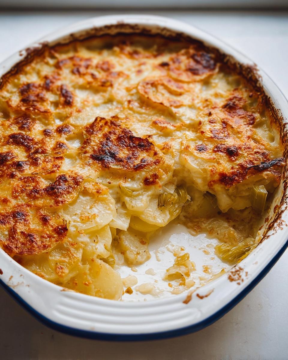 A close-up of a baked Creamy Potato Leek Gratin with a golden, bubbly, cheesy top, showing a serving removed.