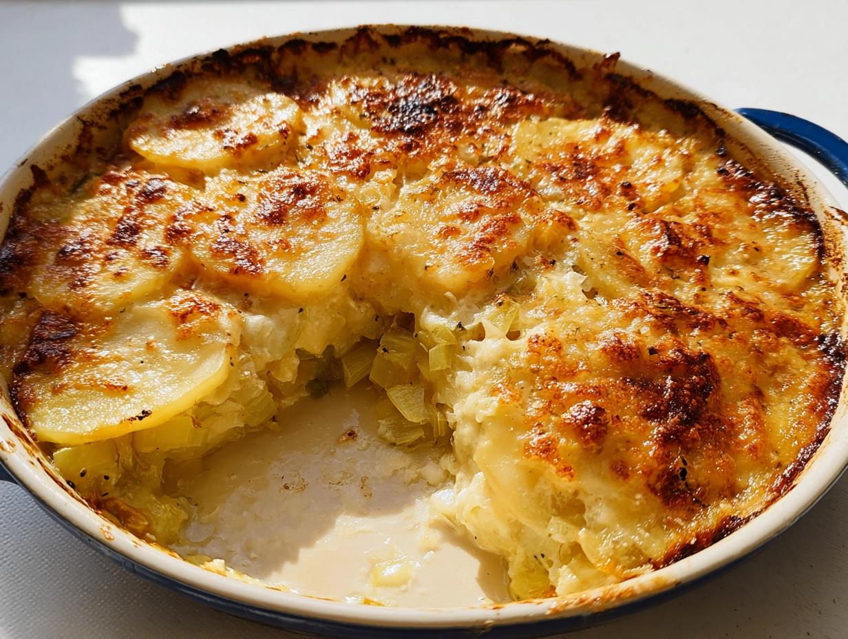 A close-up of a freshly baked Creamy Potato Leek Gratin with a deeply browned, cheesy top and a portion scooped out.