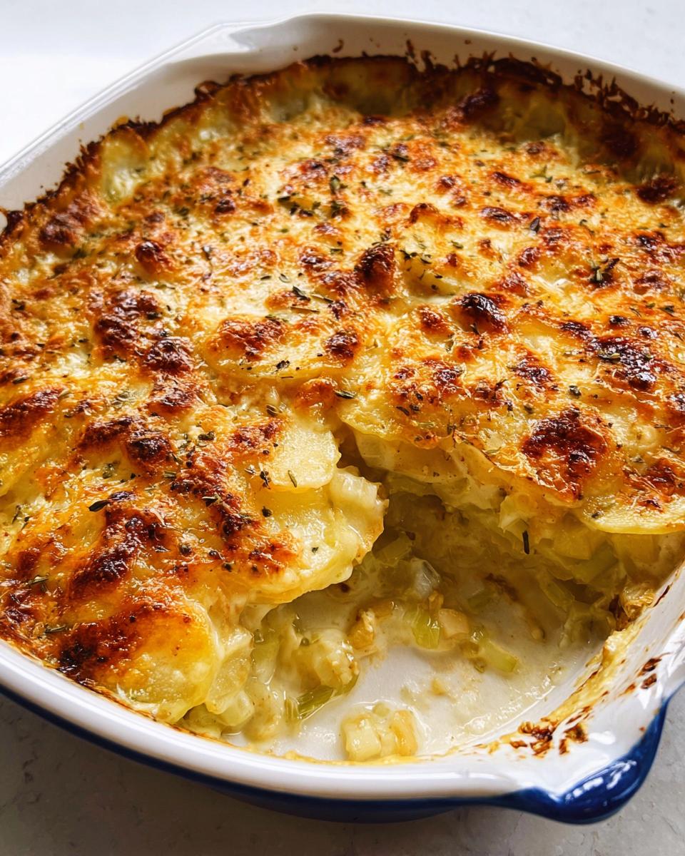 A close-up of a baked Creamy Potato Leek Gratin with a golden, bubbly, cheesy crust and a scoop removed showing the creamy interior.