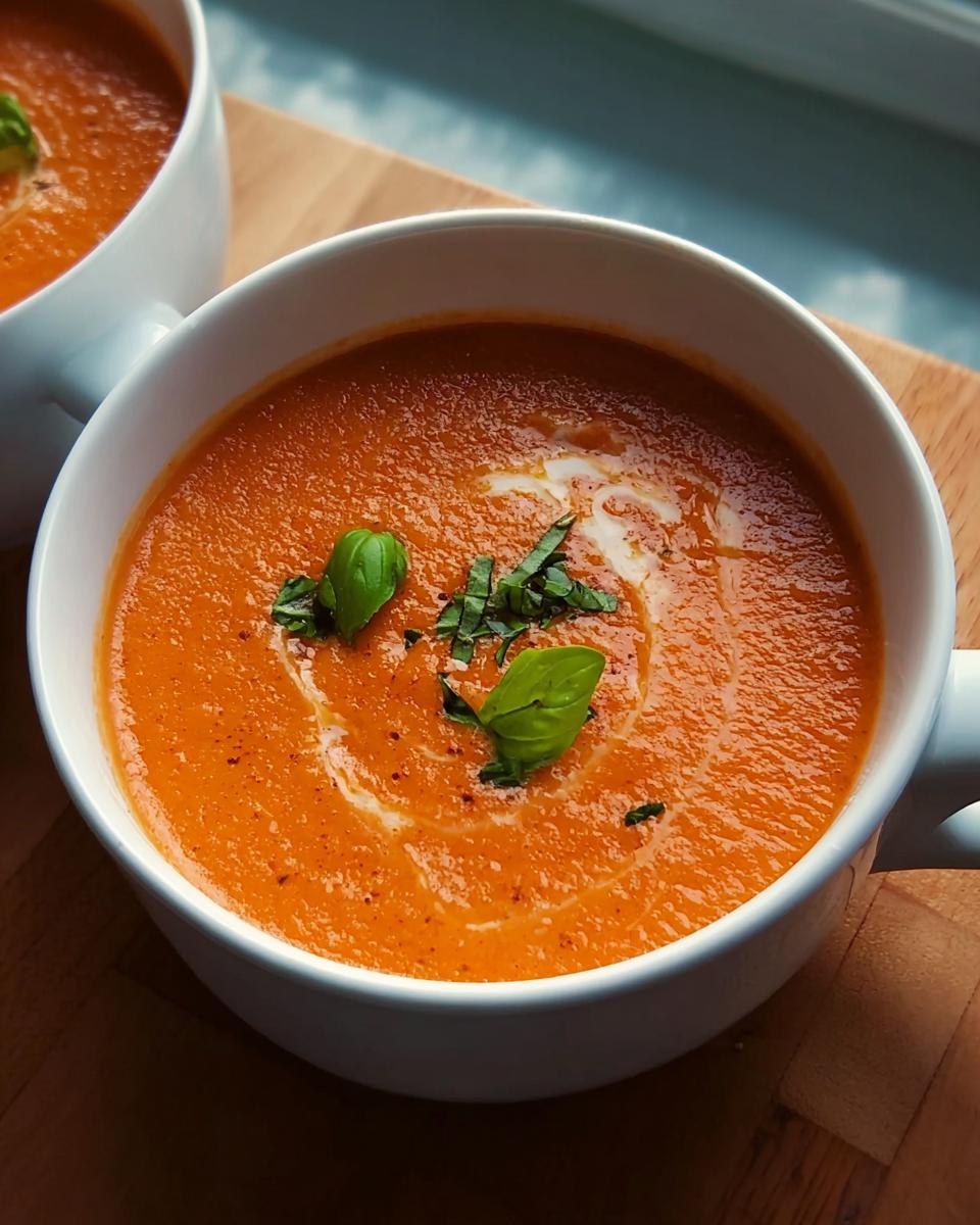 A close-up of a bowl of rich, orange Creamy Tomato Basil Soup, garnished with a swirl of cream and fresh basil leaves.