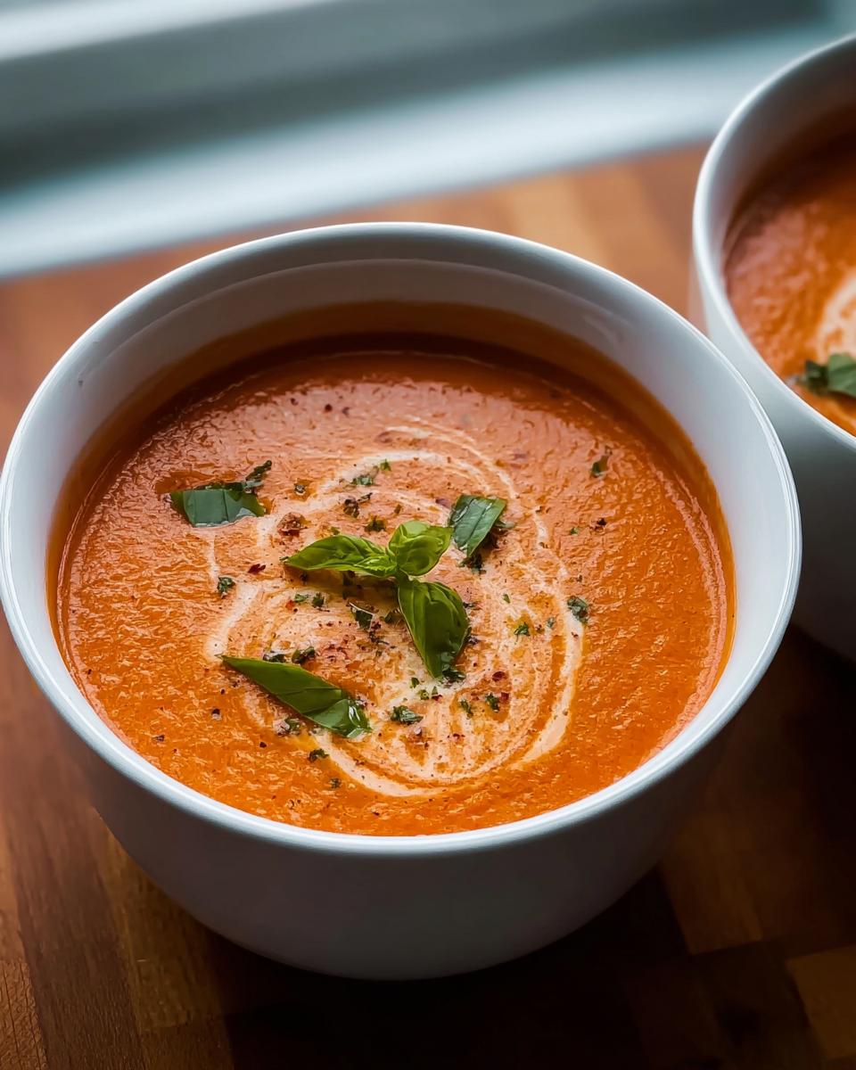 A close-up of a bowl of vibrant orange Creamy Tomato Basil Soup, swirled with cream and topped with fresh basil.