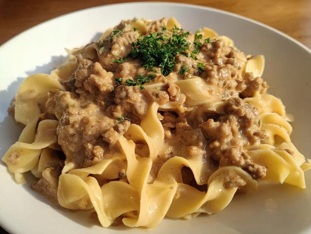 A close-up of Creamy Turkey Stroganoff served over wide egg noodles and garnished with fresh parsley.