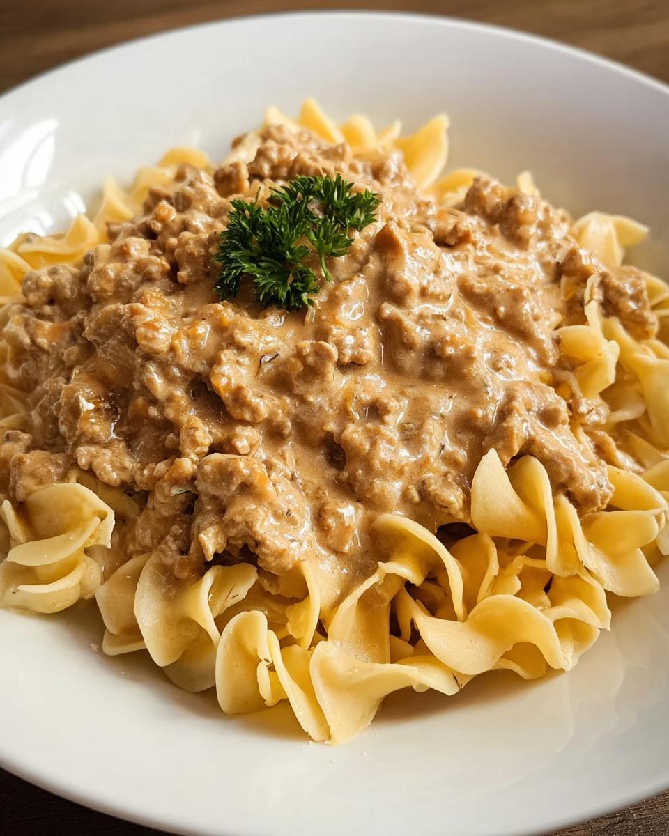 A close-up of Creamy Turkey Stroganoff served over wide egg noodles and garnished with parsley.