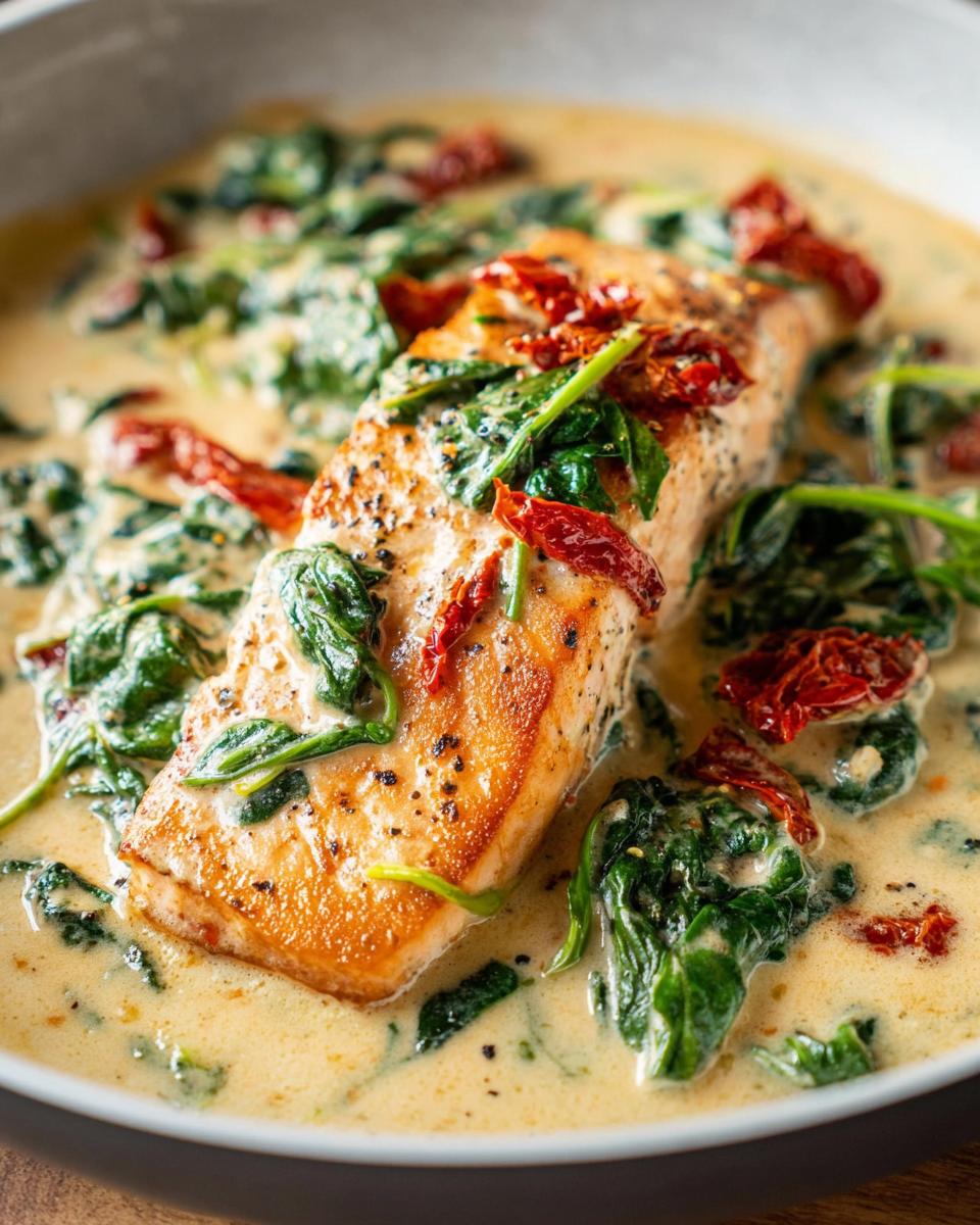 A close-up of a perfectly cooked fillet of Creamy Tuscan Salmon with Spinach and sun-dried tomatoes in a rich cream sauce.
