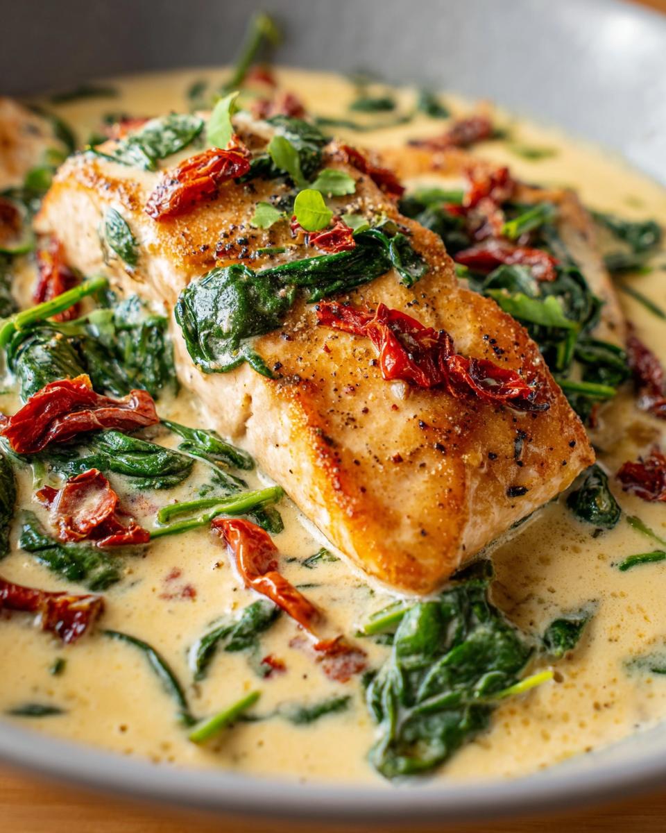 A perfectly seared fillet of Creamy Tuscan Salmon with Spinach and sun-dried tomatoes in a rich cream sauce.
