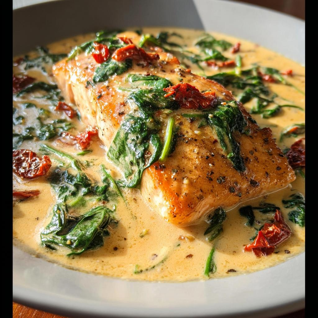 A perfectly cooked fillet of Creamy Tuscan Salmon with Spinach and sun-dried tomatoes in a rich sauce.