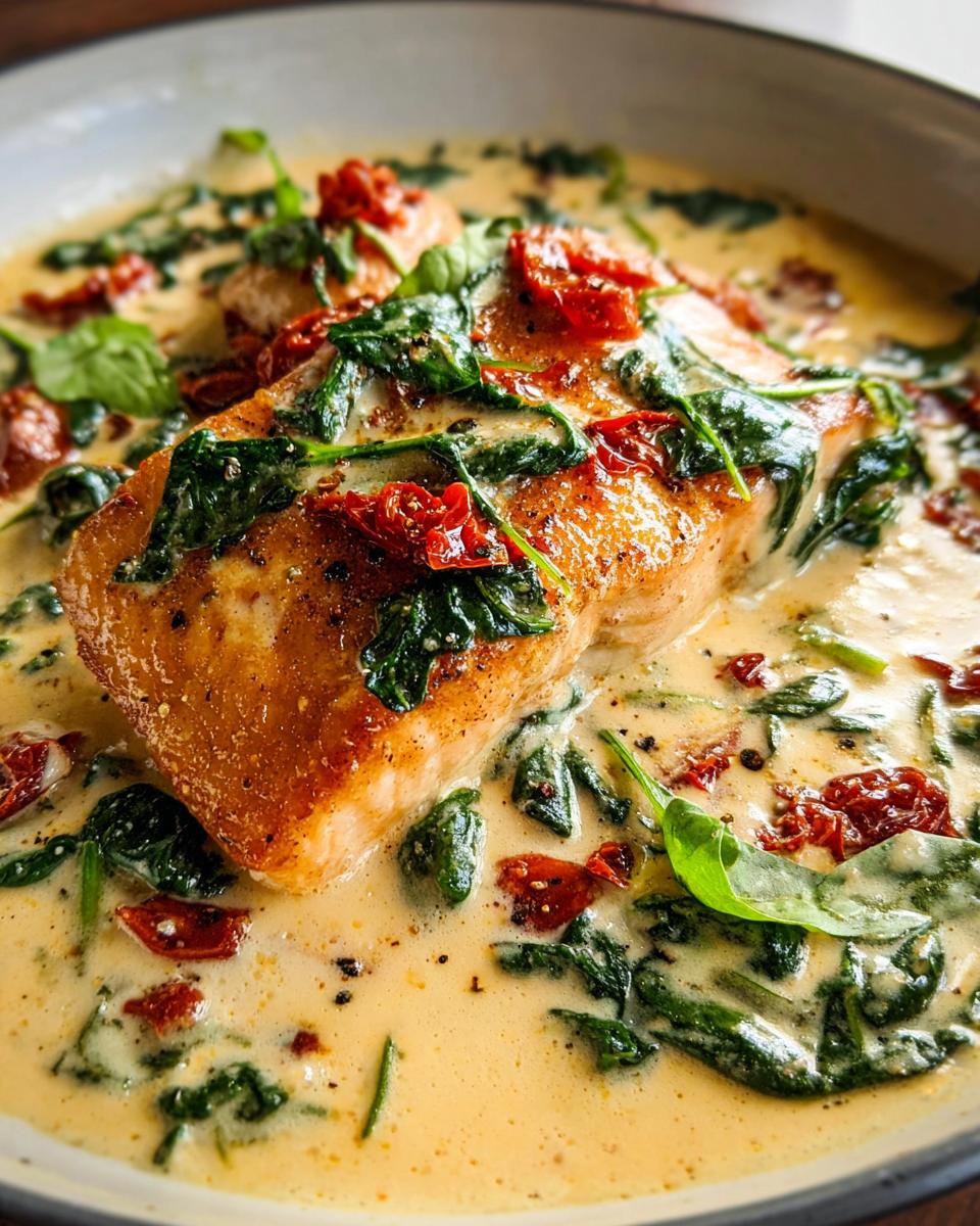 A perfectly seared fillet of Creamy Tuscan Salmon with Spinach and sun-dried tomatoes in a rich cream sauce.