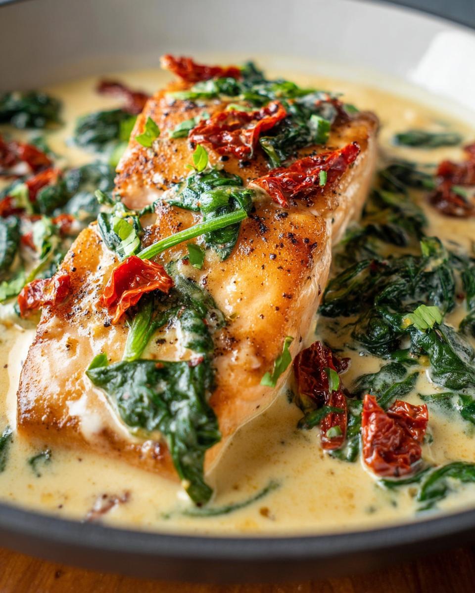 Close-up of a seared salmon fillet served in a rich, creamy sauce with wilted spinach and sun-dried tomatoes, part of the Creamy Tuscan Salmon with Spinach recipe.