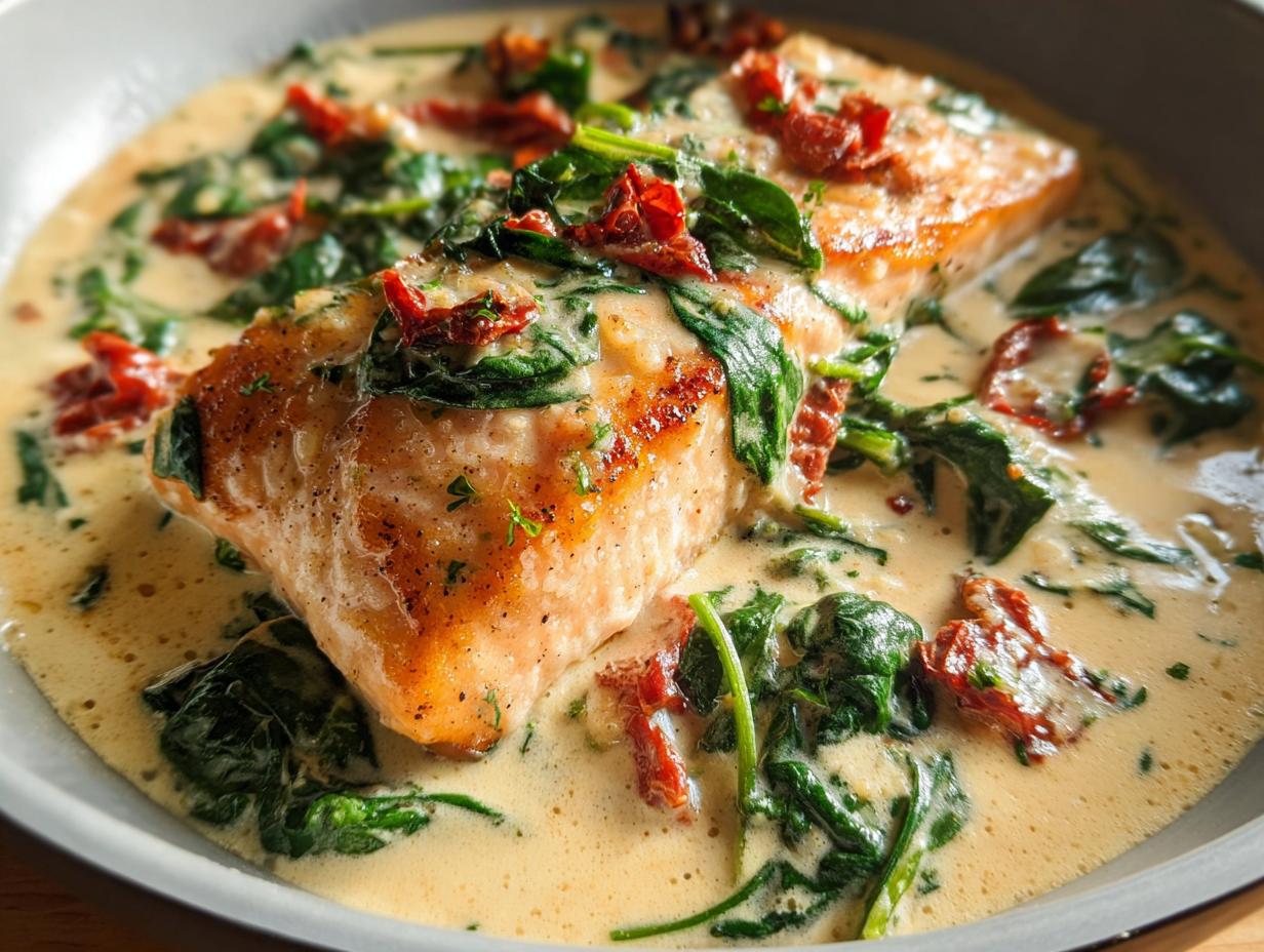 Close-up of a perfectly seared salmon fillet smothered in creamy sauce with spinach and sun-dried tomatoes: Creamy Tuscan Salmon with Spinach.