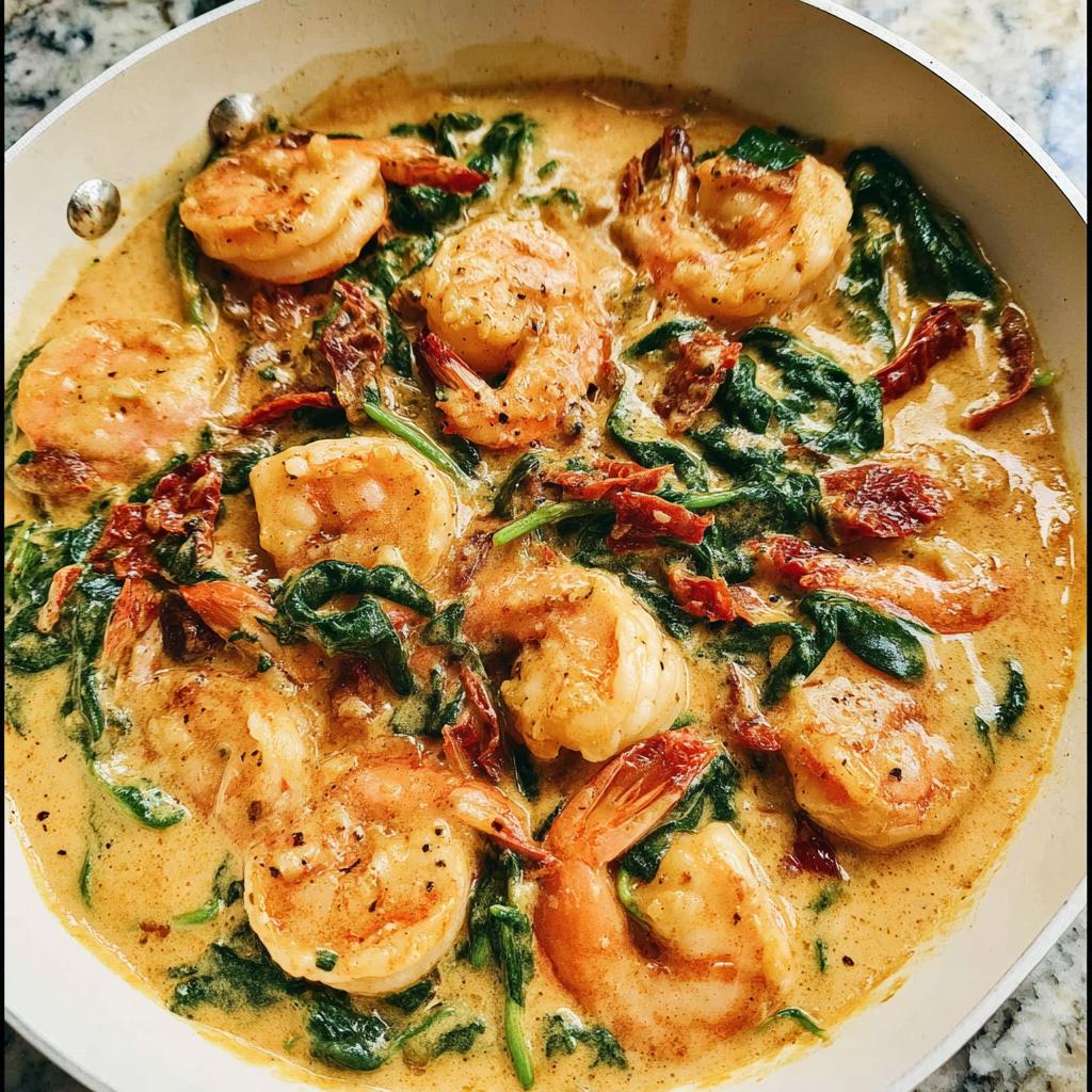Close-up of succulent shrimp swimming in a rich, creamy sauce with spinach and sun-dried tomatoes: Creamy Tuscan Shrimp and Spinach.