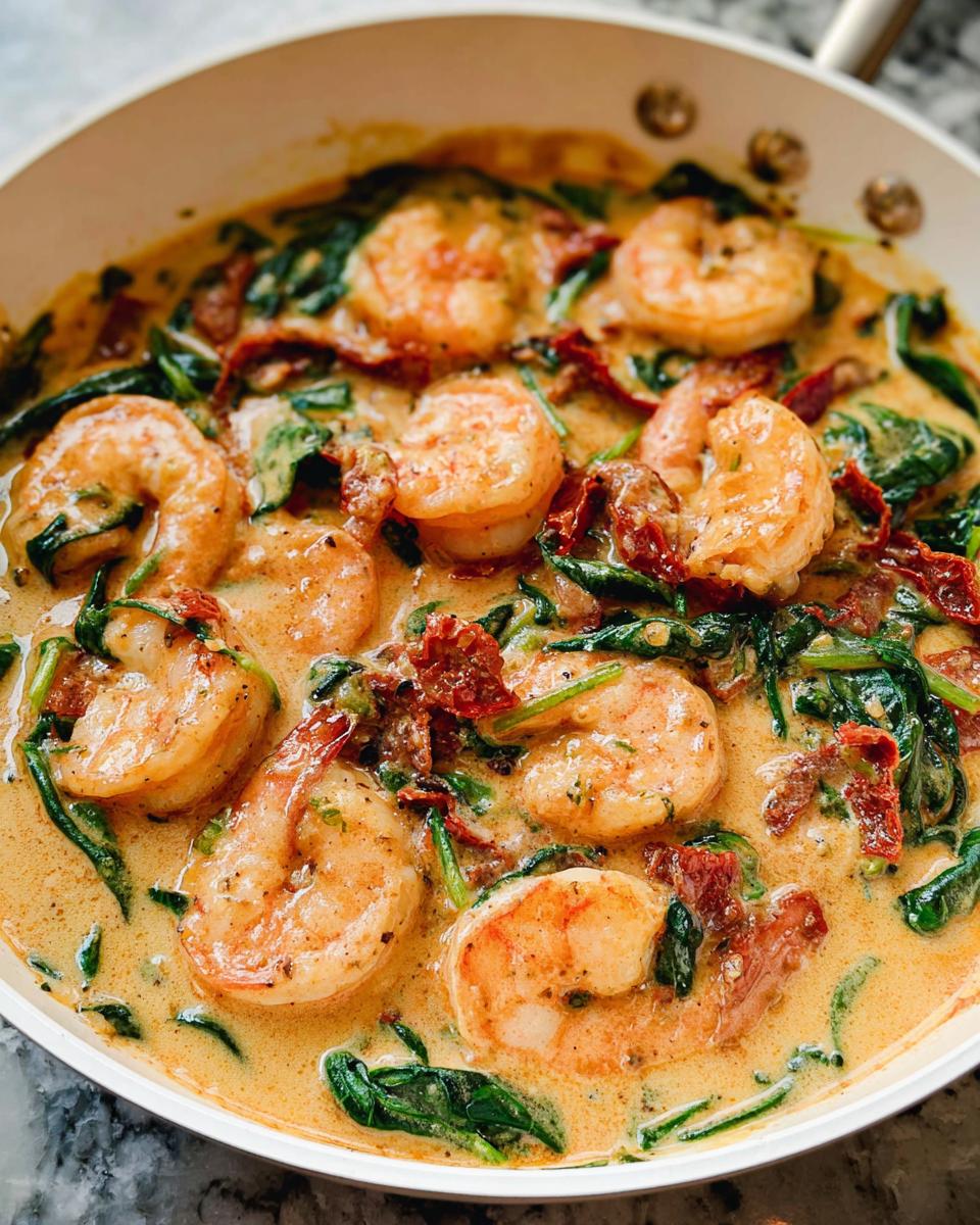 Close-up overhead view of plump shrimp simmering in a rich, creamy sauce with spinach and sun-dried tomatoes: Creamy Tuscan Shrimp and Spinach.