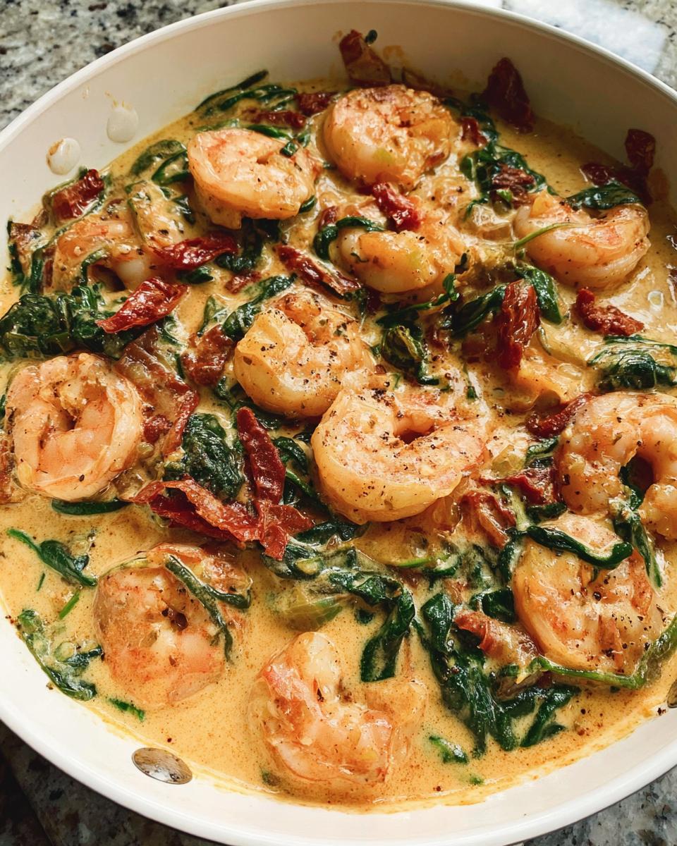 Close-up view of plump shrimp nestled in a rich, creamy sauce with wilted spinach and sun-dried tomatoes, featuring Creamy Tuscan Shrimp and Spinach.