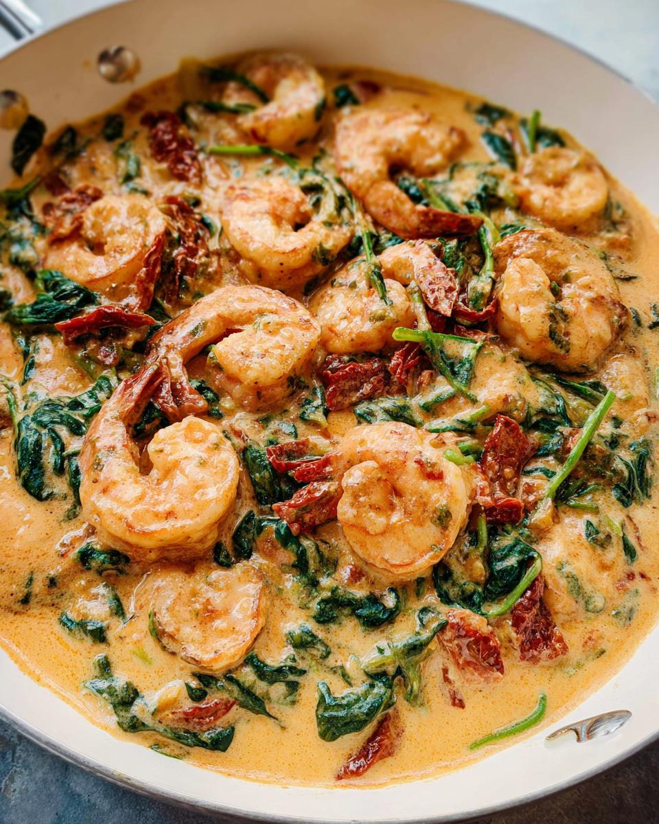 Close-up overhead view of juicy shrimp cooked in a rich, creamy sauce with spinach and sun-dried tomatoes: Creamy Tuscan Shrimp and Spinach.