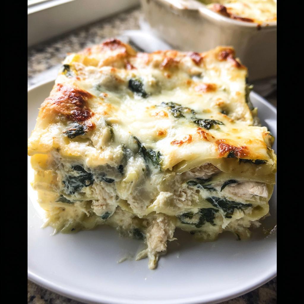A generous slice of Creamy White Chicken Spinach Lasagna showing layers of pasta, white sauce, chicken, and spinach.