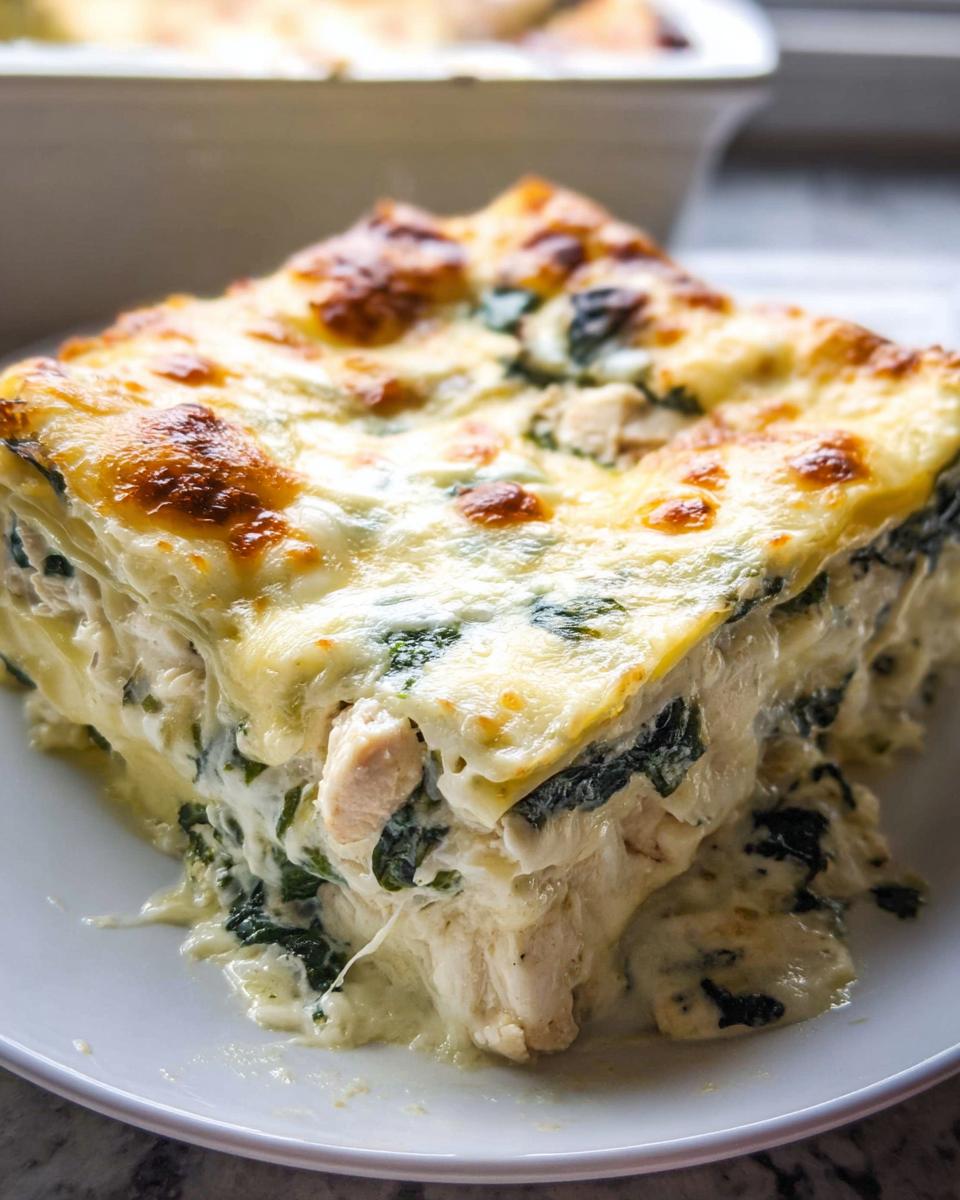 A generous slice of Creamy White Chicken Spinach Lasagna showing layers of pasta, white sauce, chicken, and spinach.