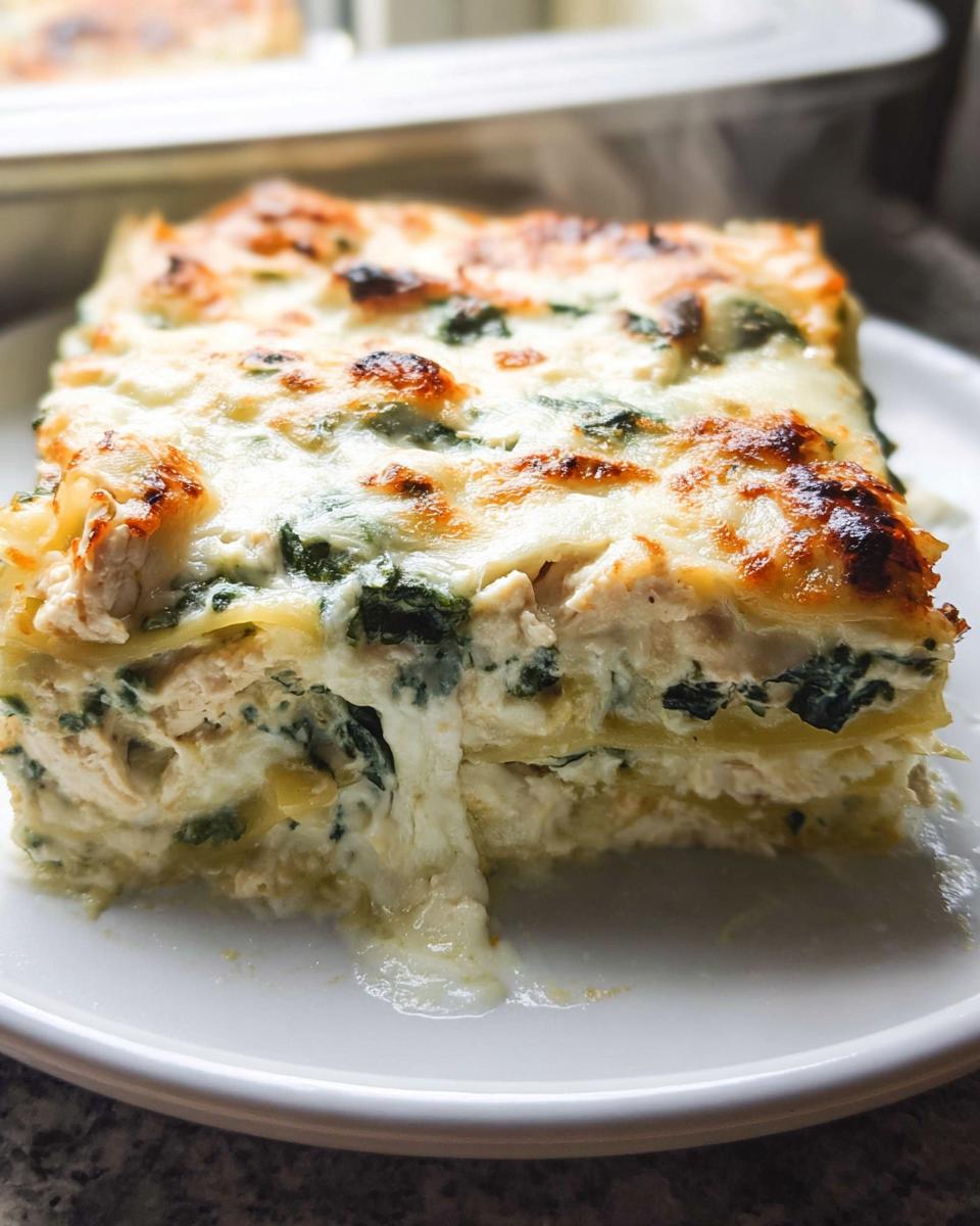 A close-up slice of Creamy White Chicken Spinach Lasagna showing layers of pasta, chicken, spinach, and melted, browned cheese.