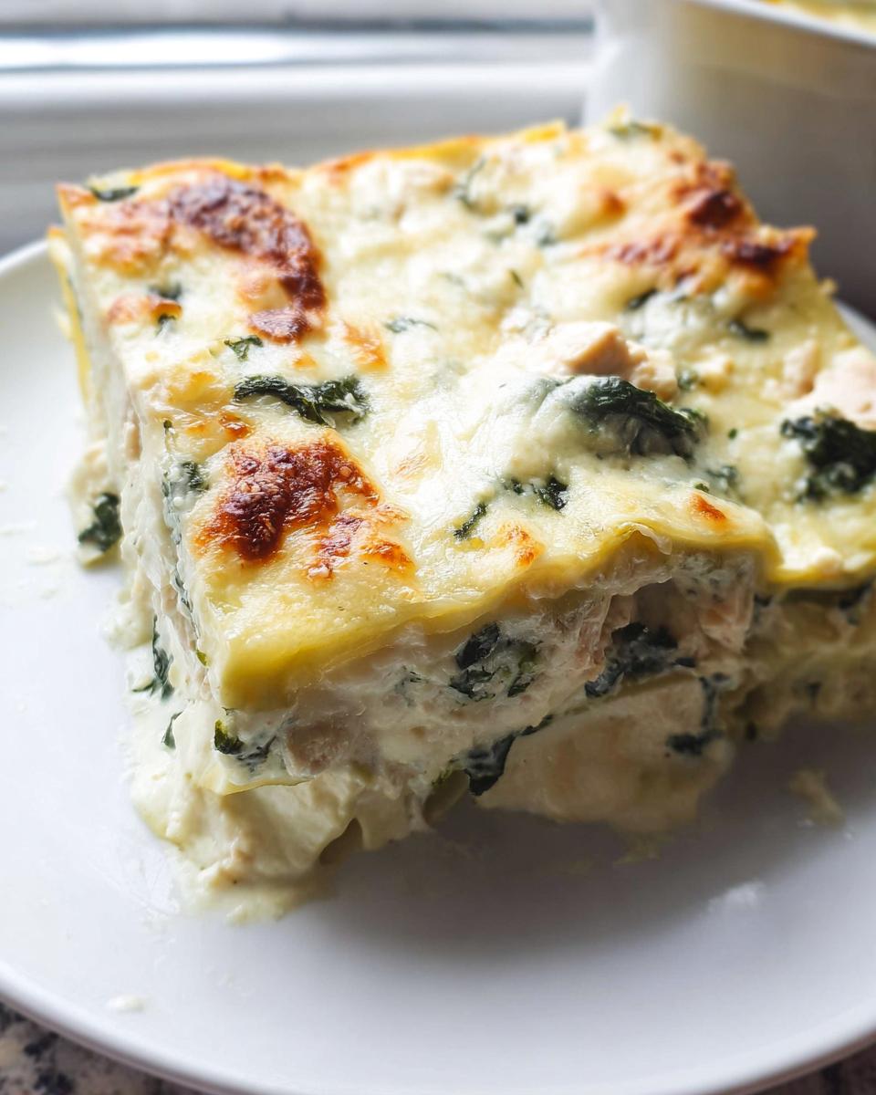 A close-up of a rich, layered slice of Creamy White Chicken Spinach Lasagna on a white plate.