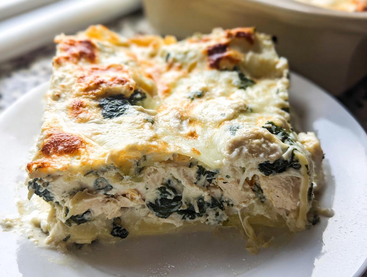 A generous square serving of Creamy White Chicken Spinach Lasagna with a golden-brown, bubbly cheese top.
