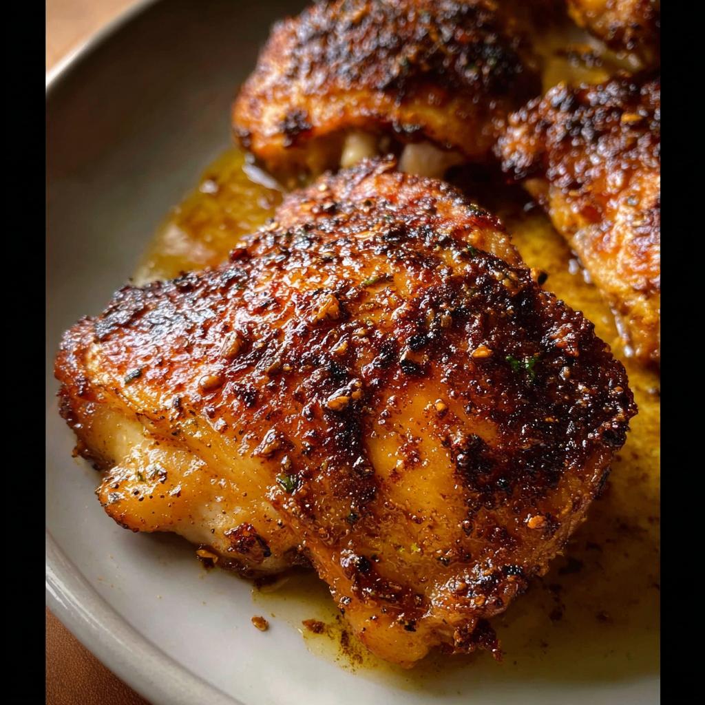 Close-up of a perfectly cooked, crispy baked garlic chicken thighs piece resting in its juices.