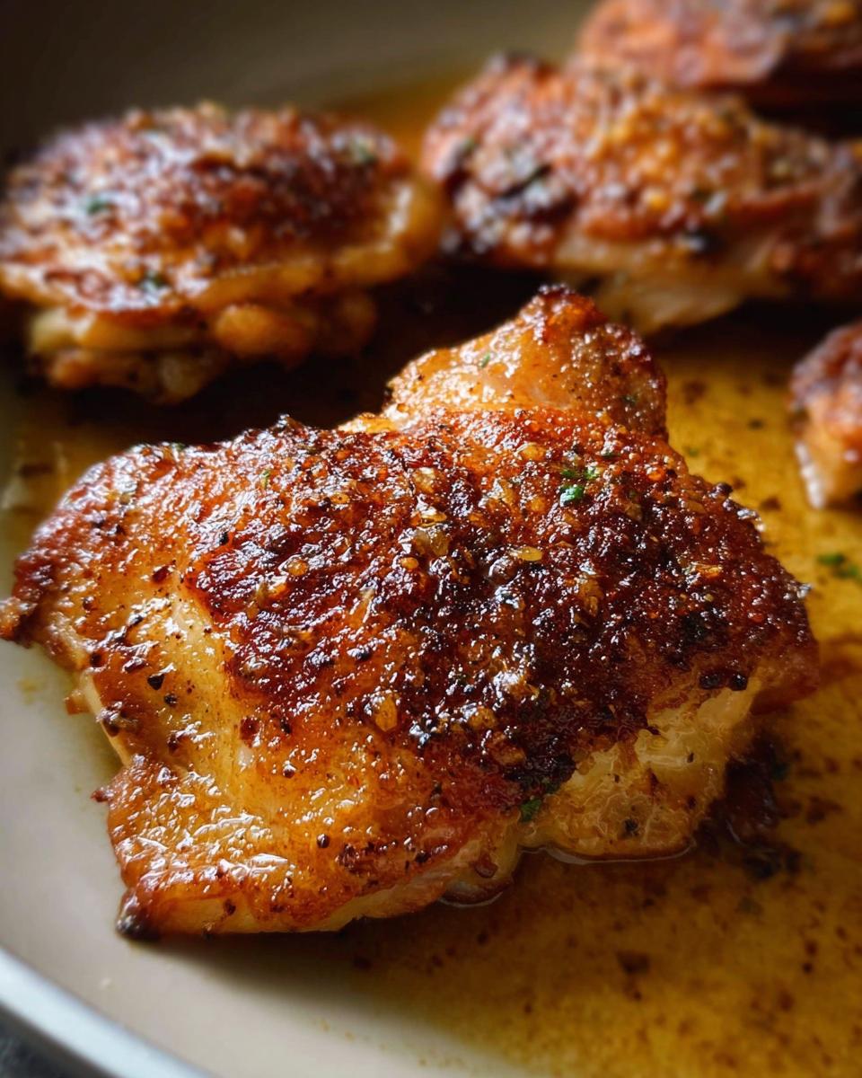 Close-up of a juicy, crispy baked garlic chicken thigh with a dark, seasoned crust resting in pan juices.