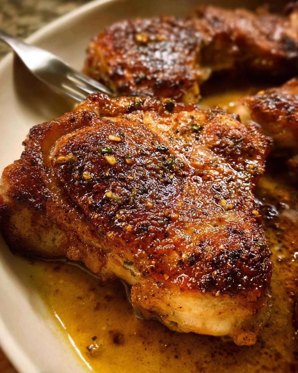 Close-up of a perfectly browned and crispy baked garlic chicken thigh resting in pan juices.