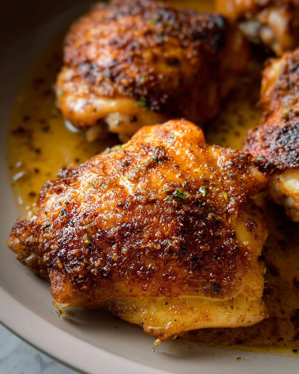 Close-up of a perfectly browned and crispy baked garlic chicken thigh resting in savory pan juices.