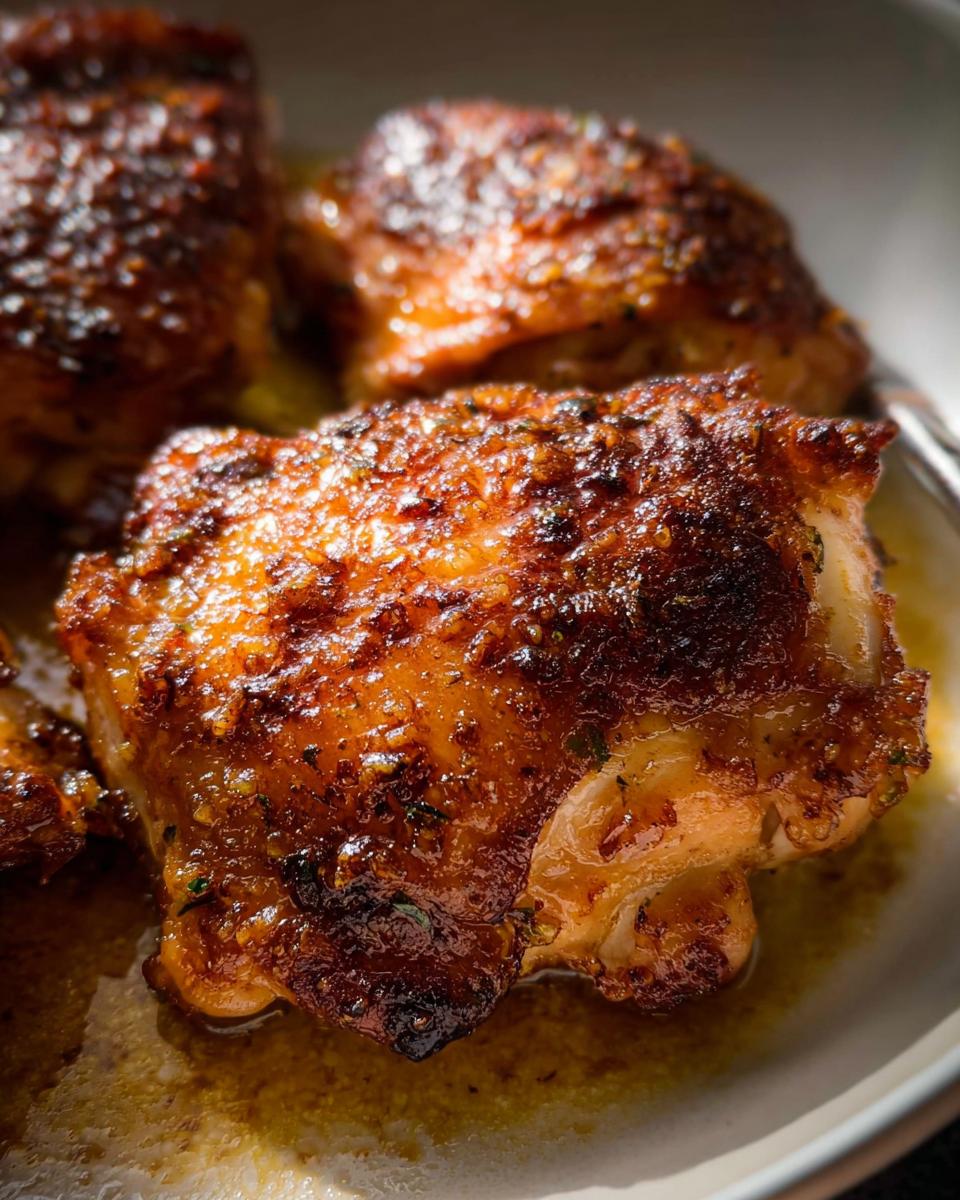 Close-up of perfectly browned and crispy baked garlic chicken thighs resting in pan juices.
