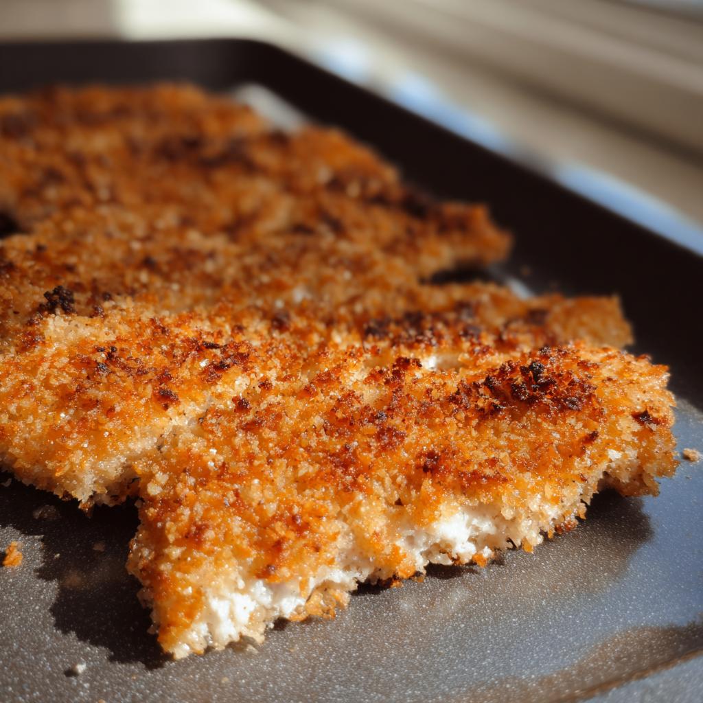 Close-up of golden brown, crispy Buttermilk Baked Fried Chicken tenders resting on a dark baking sheet.