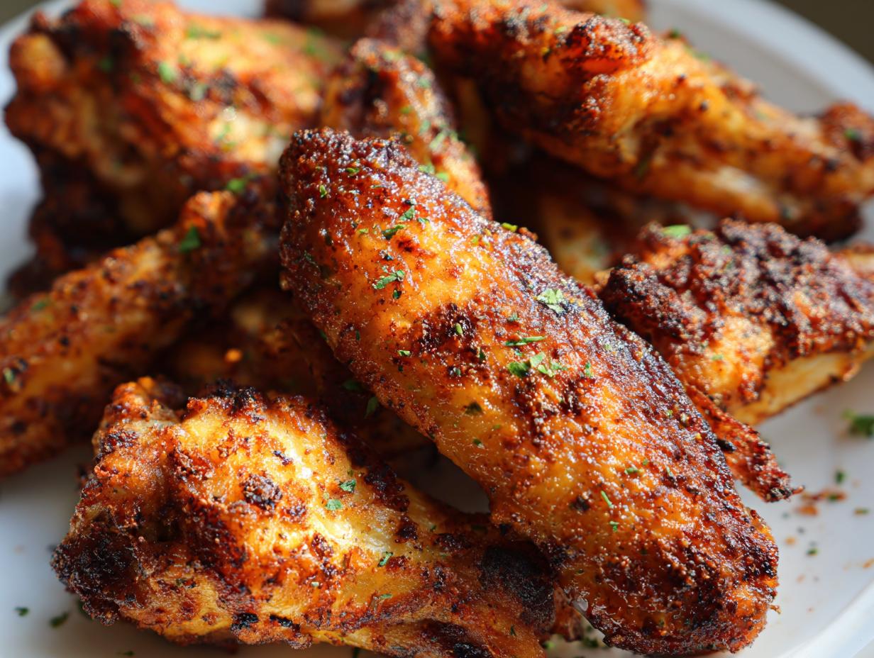Close-up of perfectly cooked Cajun Dry Rub Chicken Wings with a crispy, seasoned exterior and parsley garnish.
