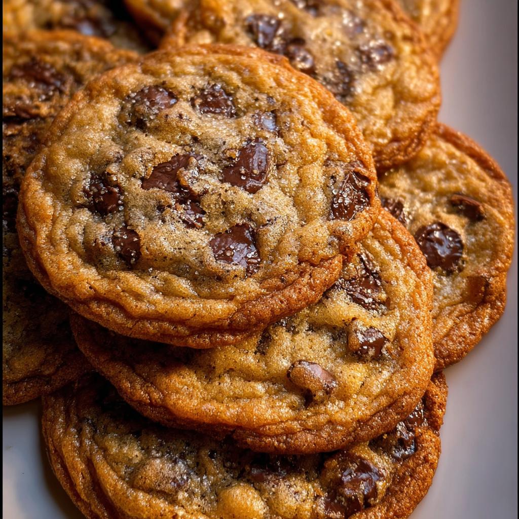 A stack of golden brown, thin Crispy Chewy Thin Chocolate Chip Cookies studded with melted chocolate chips and sprinkled with sugar.
