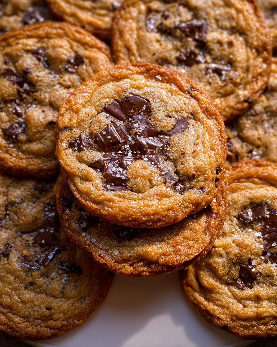 A close-up stack of freshly baked Crispy Chewy Thin Chocolate Chip Cookies topped with flaky sea salt.