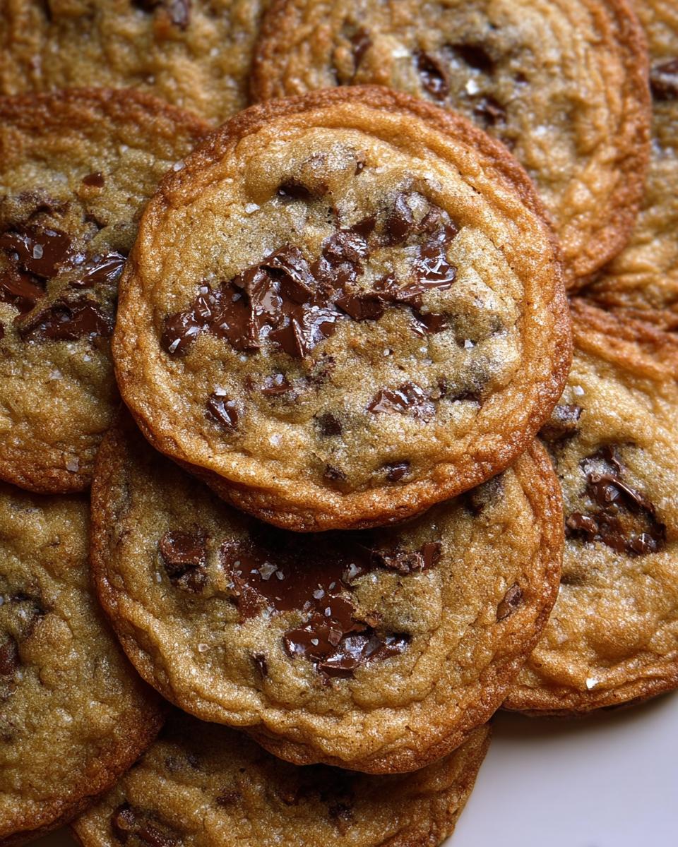 A close-up stack of freshly baked Crispy Chewy Thin Chocolate Chip Cookies topped with melted chocolate chunks and sea salt.