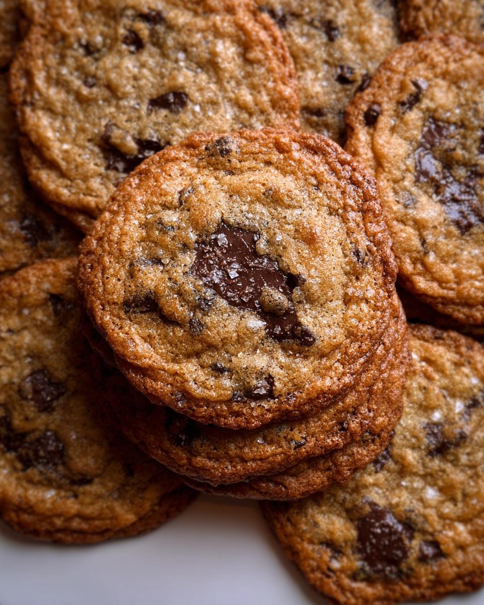 A close-up stack of golden brown Crispy Chewy Thin Chocolate Chip Cookies topped with flaky sea salt.