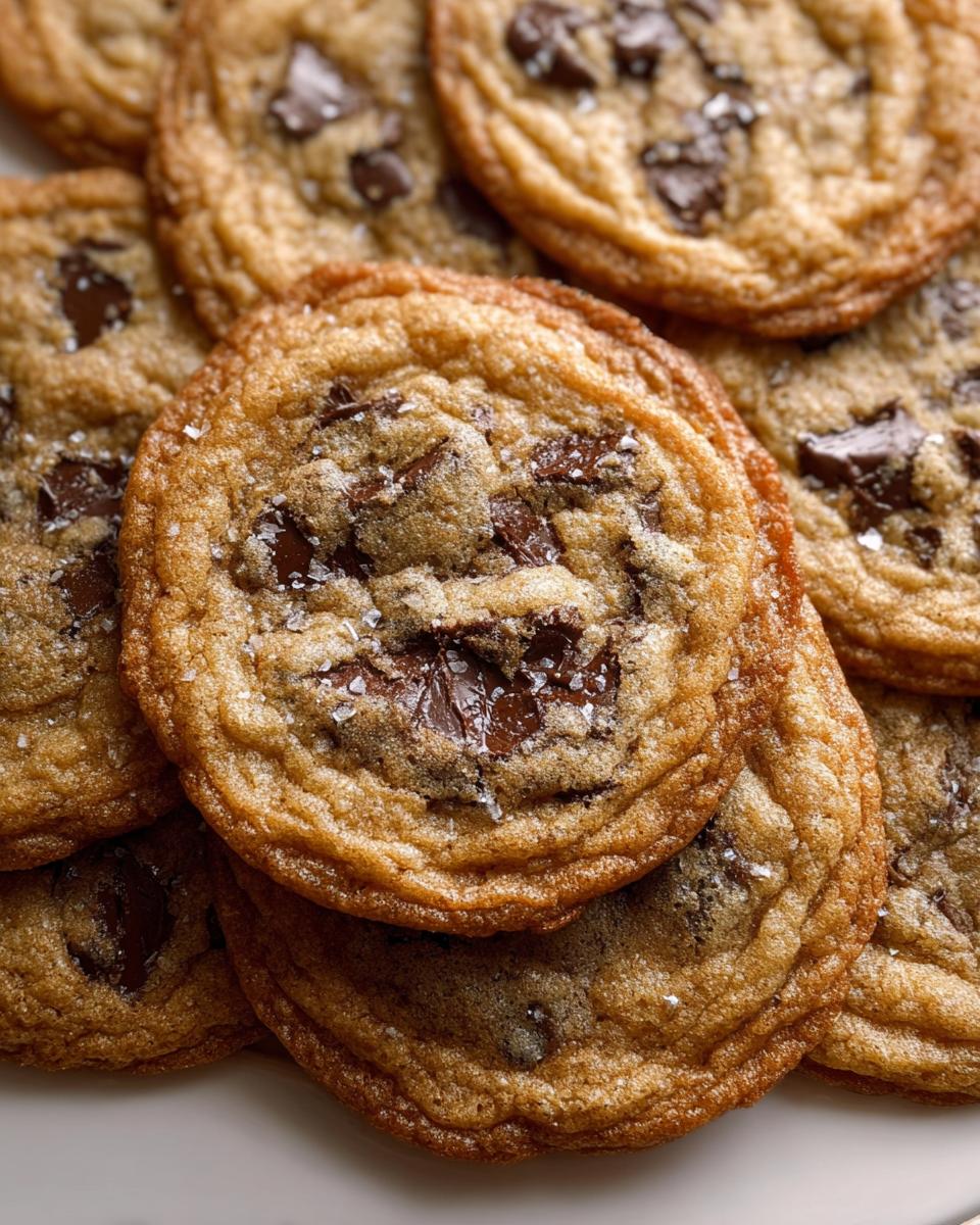 A close-up stack of golden brown Crispy Chewy Thin Chocolate Chip Cookies sprinkled with sea salt.