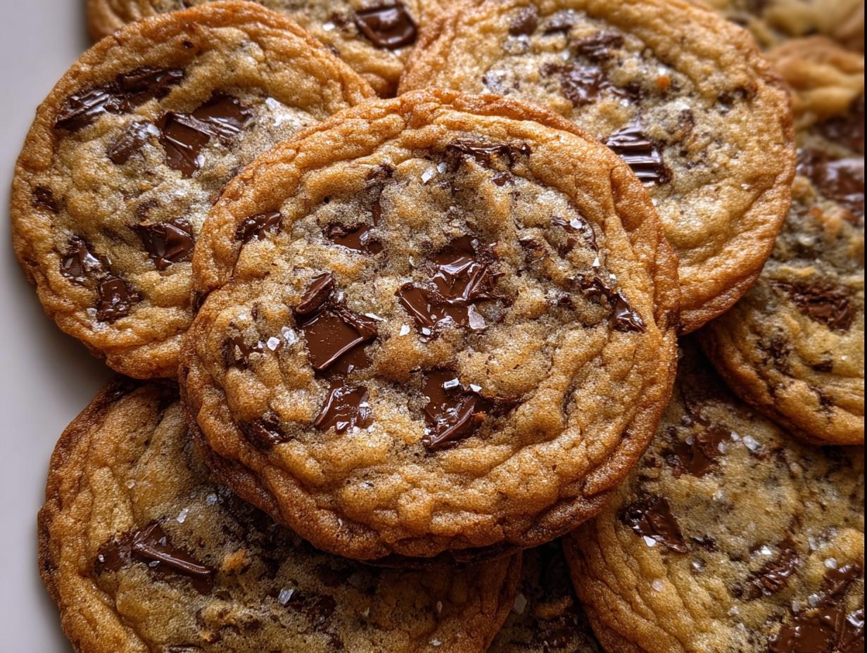 A close-up pile of freshly baked Crispy Chewy Thin Chocolate Chip Cookies topped with flaky sea salt.