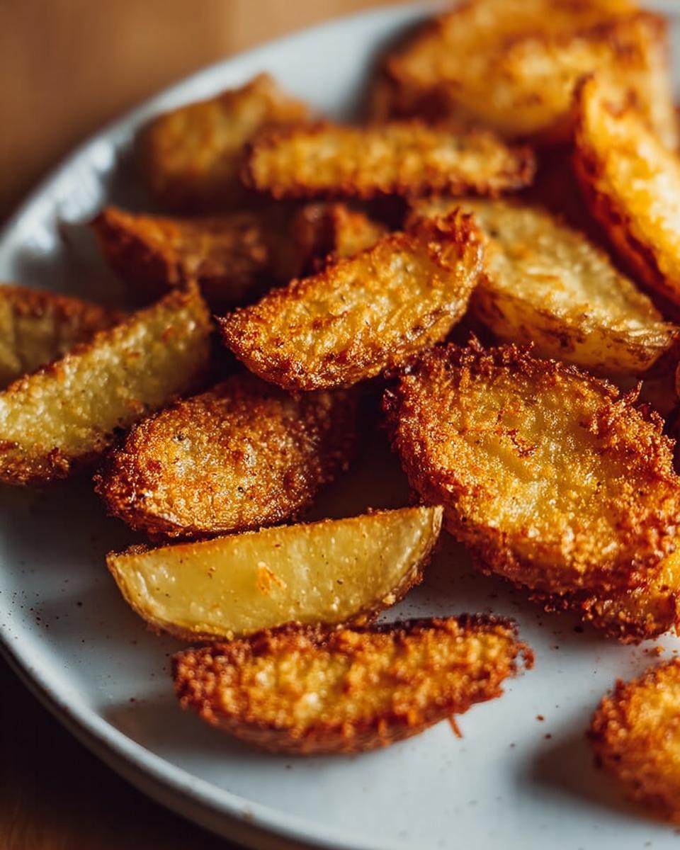 A close-up shot of golden brown, wedge-cut Crispy Crunchy Parmesan Potatoes piled on a light blue plate.
