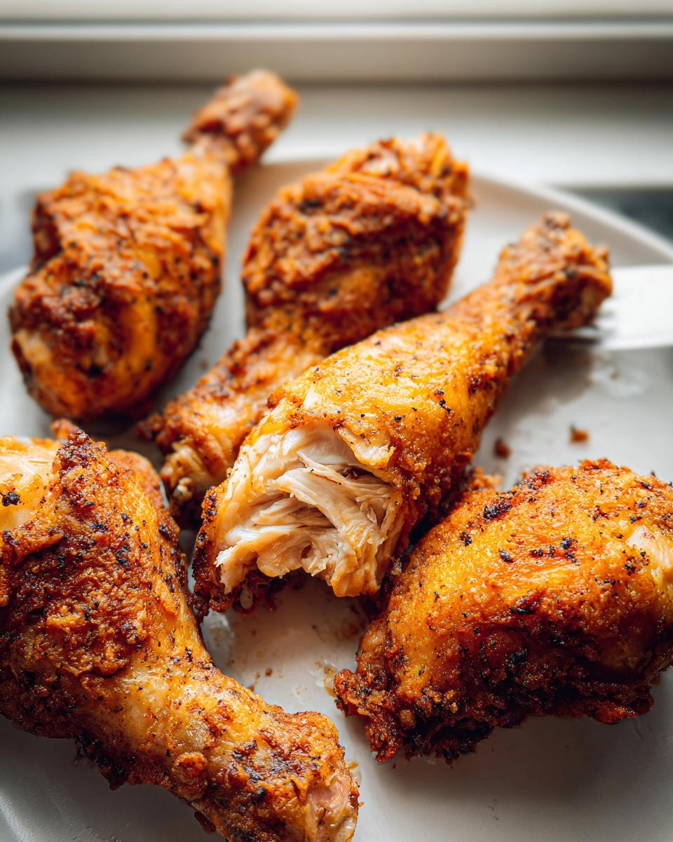 Close-up of several Crispy Oven Baked Chicken Drumsticks, one pulled apart showing juicy white meat.