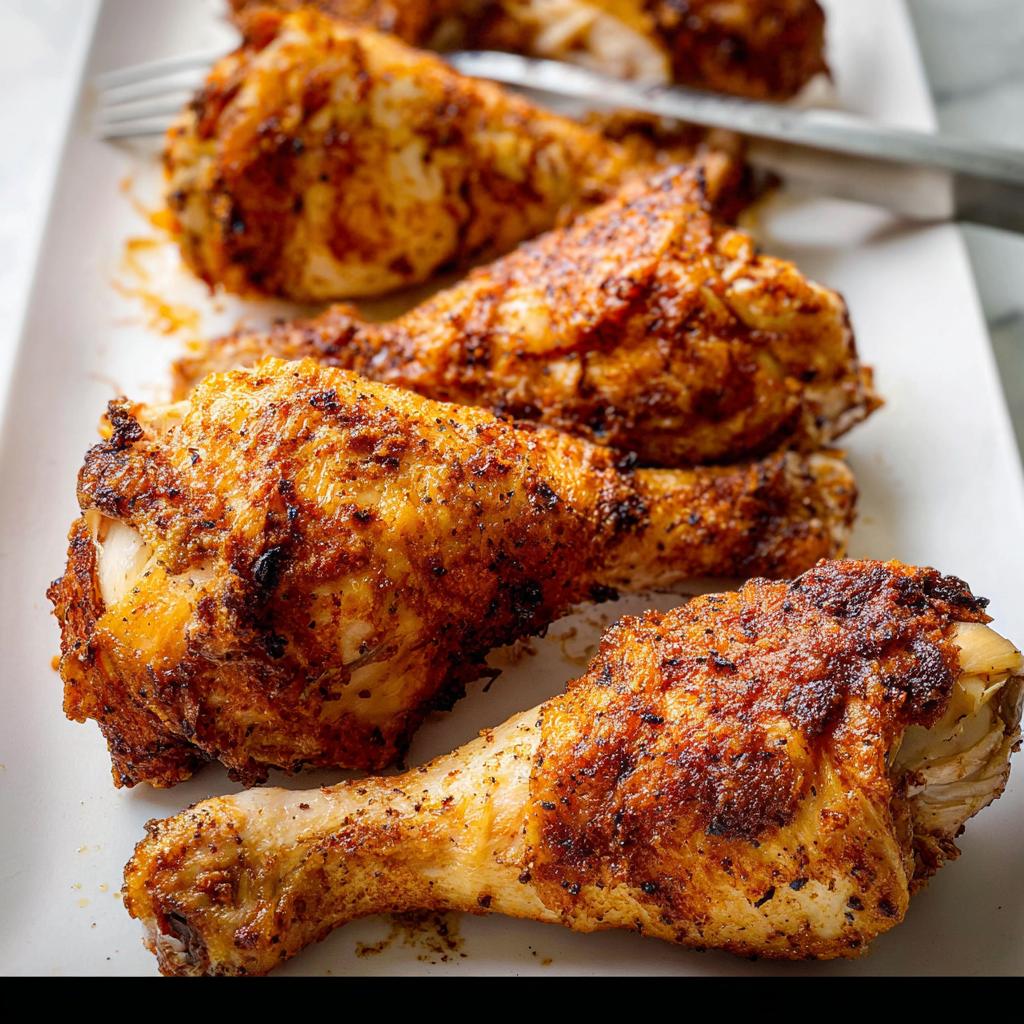 Close-up of several golden brown, seasoned Crispy Oven Baked Chicken Drumsticks on a white platter.
