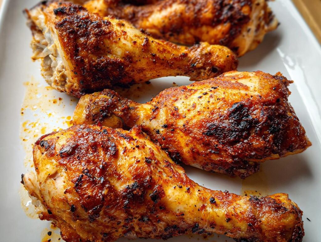 Close-up of several golden brown, seasoned Crispy Oven Baked Chicken Drumsticks resting on a white platter.
