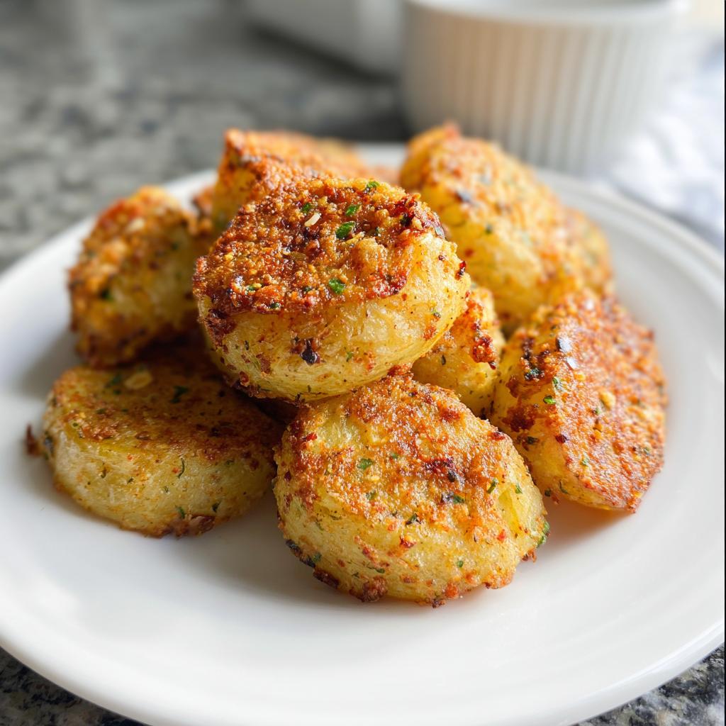 Close-up of crispy, golden parmesan-crusted potato slices, perfect as one of 100 Side Dish Recipes!