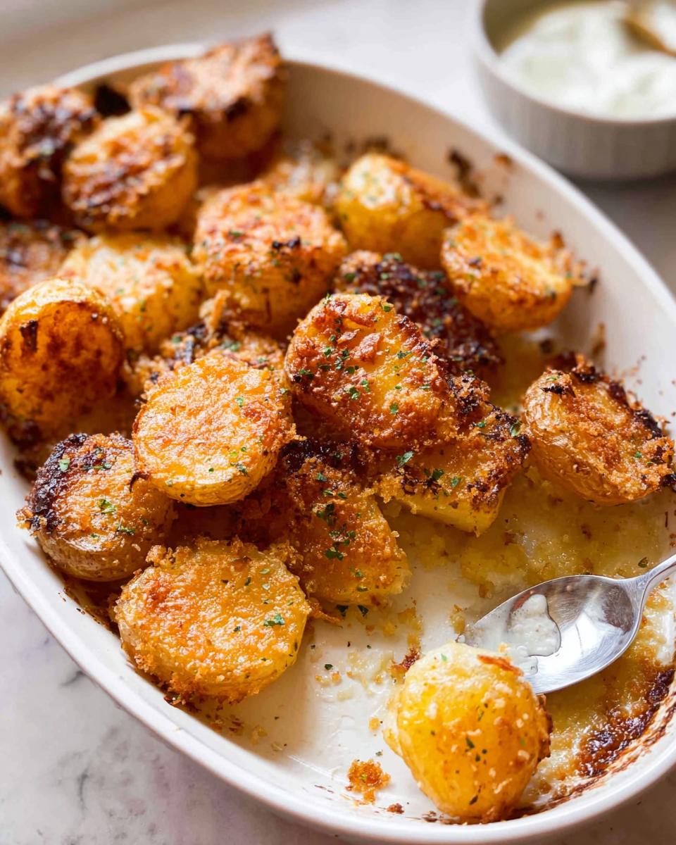 Close-up of golden brown Crispy Parmesan Roasted Baby Potatoes in a white baking dish with a spoon.