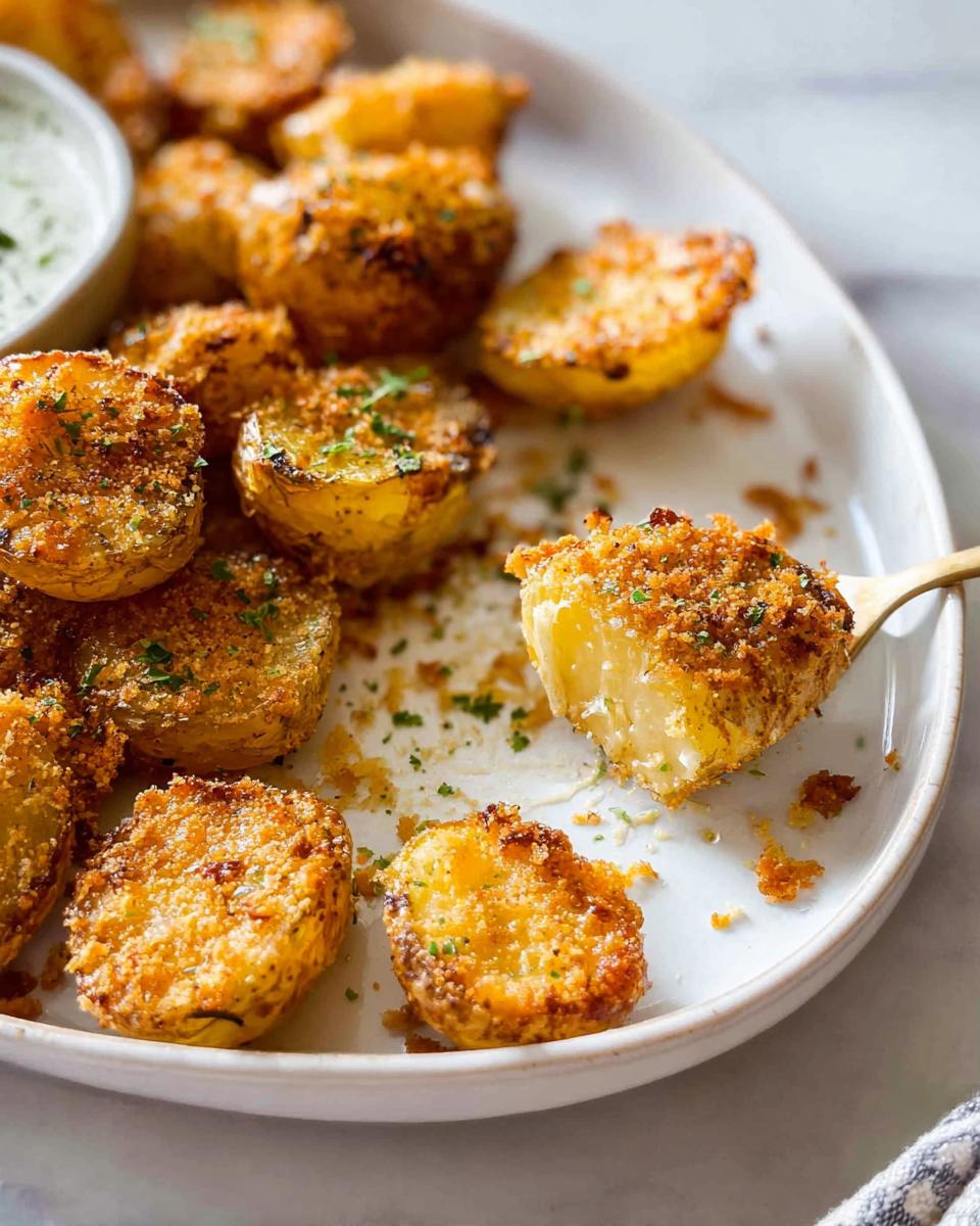 A close-up of golden Crispy Parmesan Roasted Baby Potatoes, one piece held up on a gold fork, served with a side of green dipping sauce.
