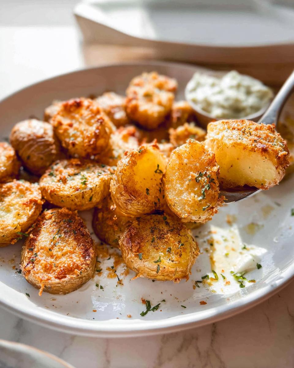 A spoonful of crispy Parmesan roasted baby potatoes being lifted from a white plate, showing the golden crust.