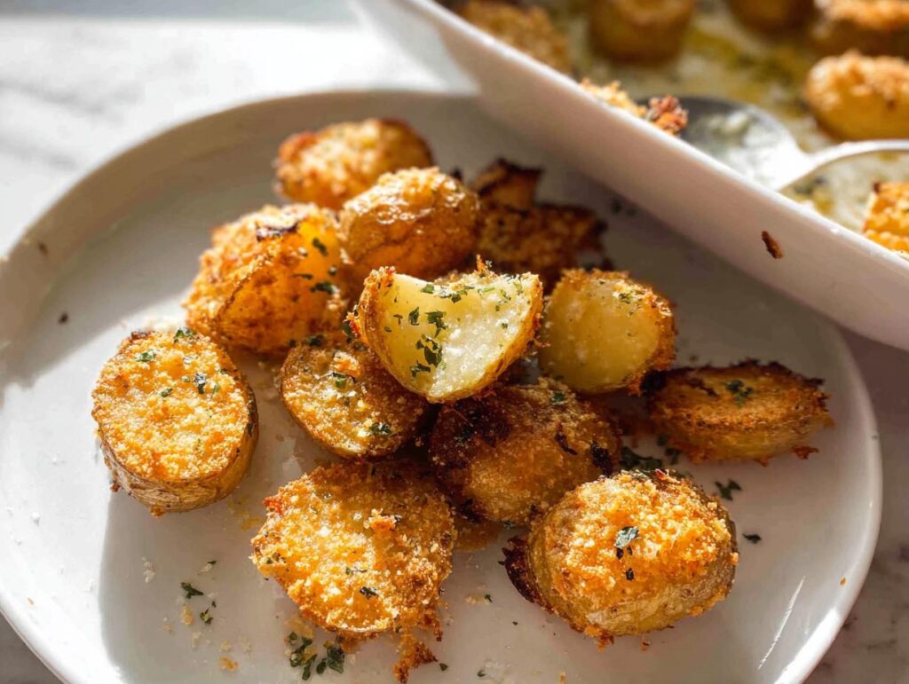 A serving of golden brown Crispy Parmesan Roasted Baby Potatoes, garnished with parsley, piled on a white plate.