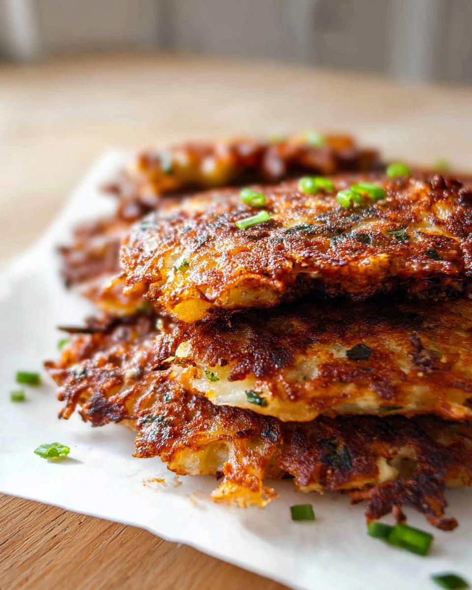 Stack of golden-brown, crispy potato patties garnished with chopped green onions, similar to components of a Cheesy Potato Hash.