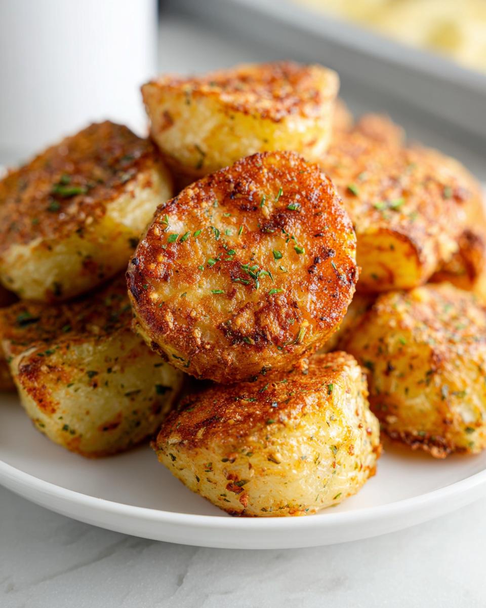 Close-up of crispy, golden brown roasted potato rounds seasoned with herbs, perfect for one of 100 Side Dish Recipes!